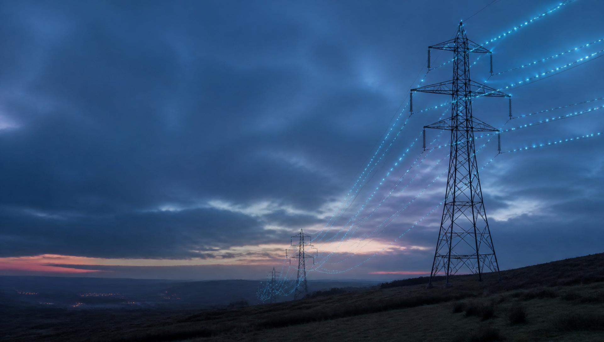 UK electricity transmission pylons at twilight carrying power across the national grid