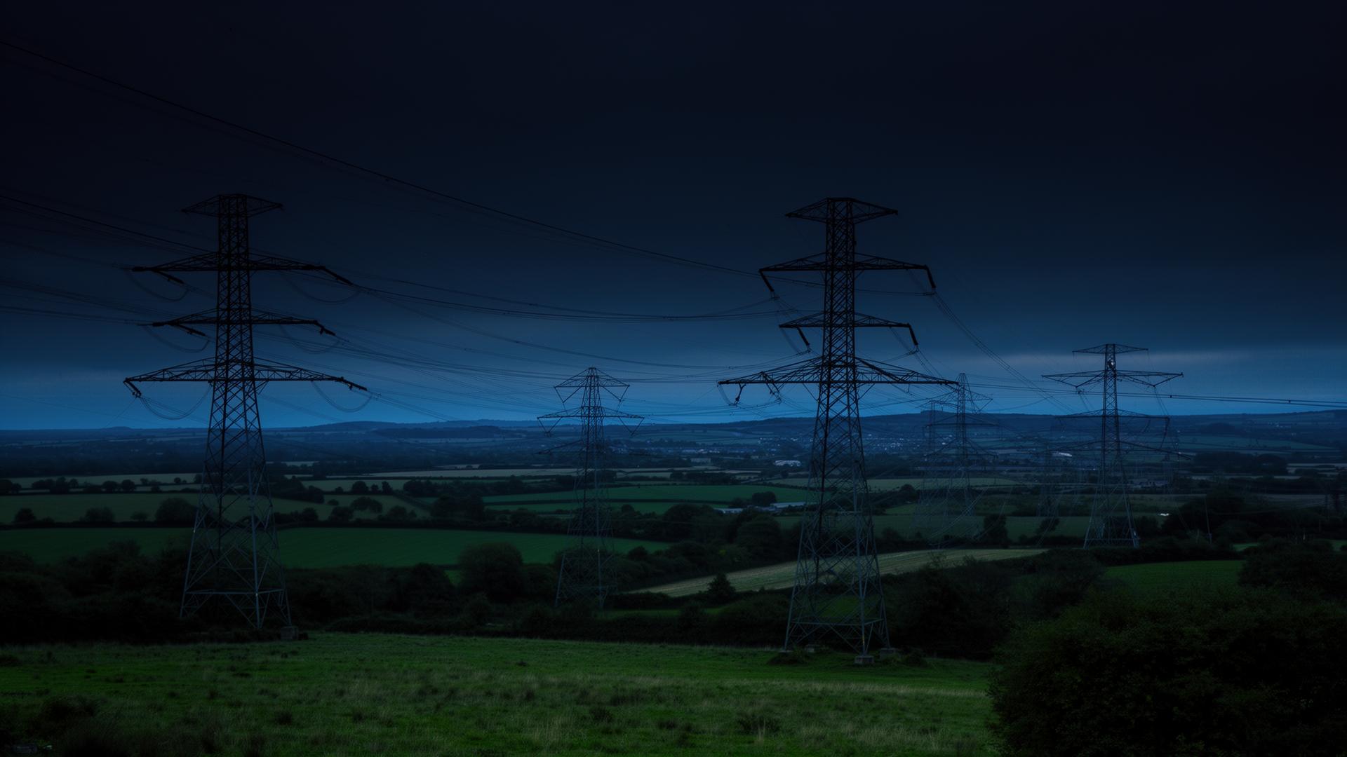 UK electricity pylons and transmission lines at dusk over British countryside